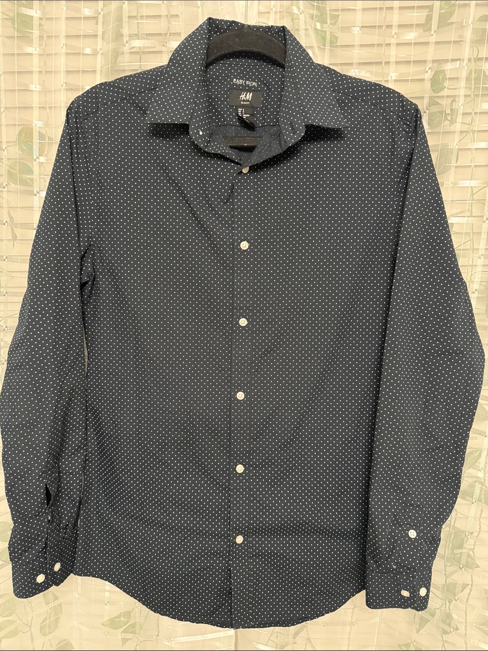 H&M Men's Navy Blue Shirt with White Micro Dots